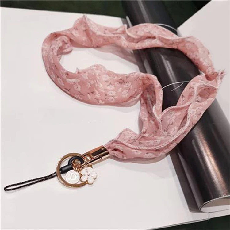 Floral Chiffon Silk Scarf Style Phone Lanyard Metal Pendant Key Ring Phone Neck Strap - Pink - Image 2