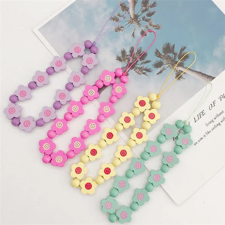 Flower Wood Beads Phone Chain Handwork Cellphone Case Pendant Wrist Strap - Green - Image 3