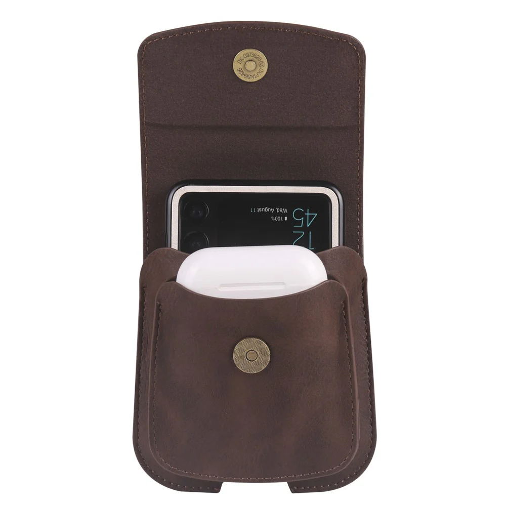 Foldable Waist Bag for Samsung Galaxy Z Flip7 FE 5G / Z Flip6 5G / AirPods 4 , Dual Compartment Compact Belt Pouch Phone Earbuds Holder - Coffee - Image 3