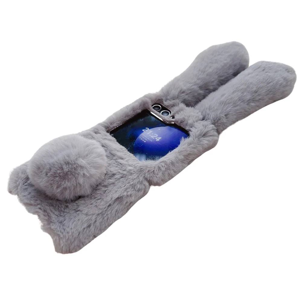Folding Phone Case for Samsung Galaxy Z Flip7 FE 5G / Z Flip6 5G Fluffy Rabbit Ears Acrylic Cover - Grey - Image 3