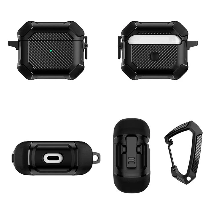 For AirPods 3 Earphone Protective Cover TPU+PC Carbon Fiber Texture Shockproof Case with Carabiner - Army Green - Image 6