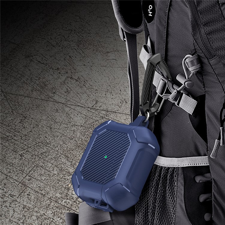 For AirPods 3 Earphone Protective Cover TPU+PC Carbon Fiber Texture Shockproof Case with Carabiner - Black - Image 7