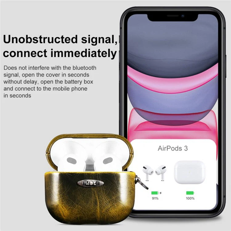 For AirPods 3 PU Leather Wireless Earphone Protective Case Cover with Hanging Buckle - Yellow - Image 4