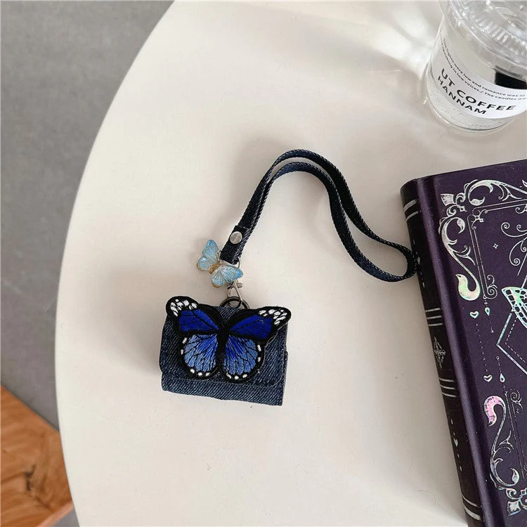 For AirPods 4 / 3 / Pro 2 / Pro Case Butterfly Pattern Denim Earbud Storage Bag with Pendant - Blue - Image 2