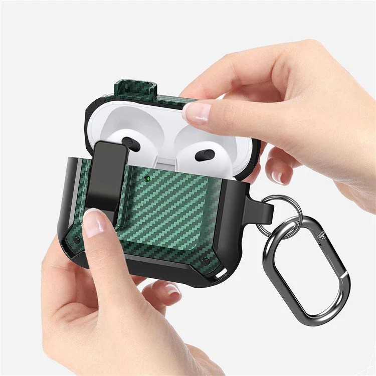 For AirPods 4 Bluetooth Earphone Cover Carbon Fiber Texture TPU+PC Anti-Drop Case with Buckle - Green - Image 2