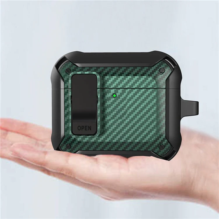 For AirPods 4 Bluetooth Earphone Cover Carbon Fiber Texture TPU+PC Anti-Drop Case with Buckle - Yellow - Image 5