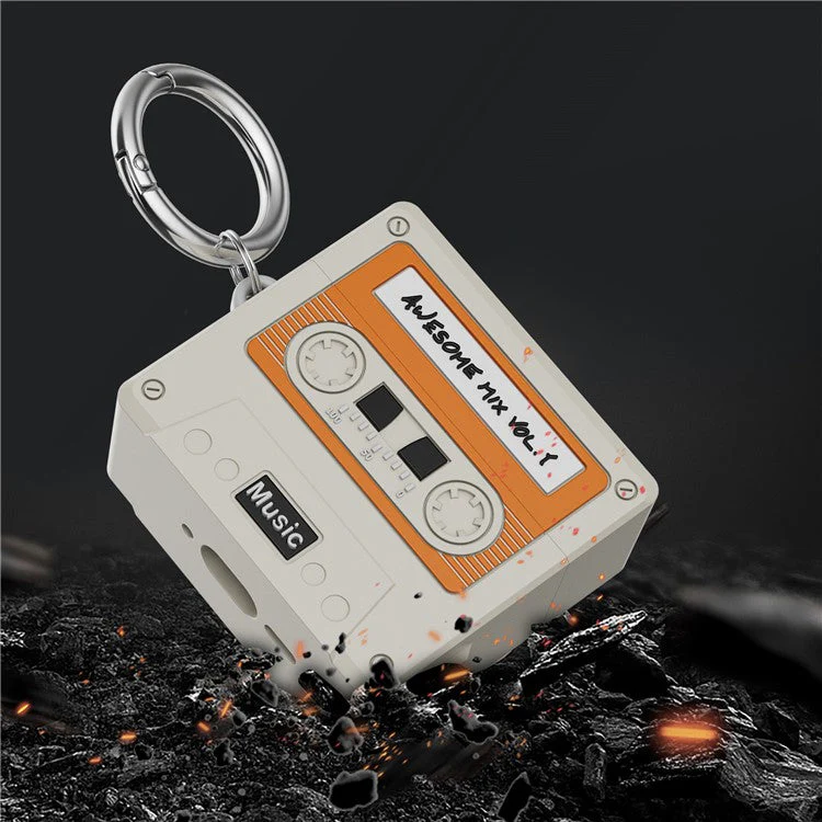 For AirPods 4 Bluetooth Earphones Case Cassette Tape Design Silicone Cover with Carabiner - Grey - Image 4