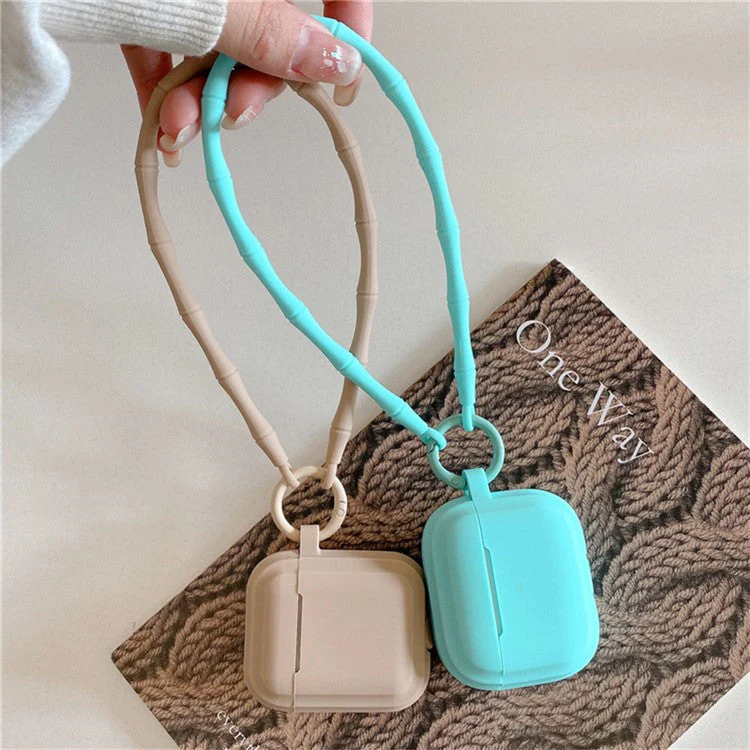 For AirPods 4 Case Bluetooth Earphone Silicone Case Protective Cover with Bamboo Shape Lanyard - Mint Green - Image 5