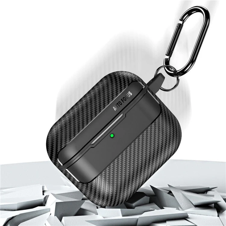 For AirPods 4 Case Carbon Fiber Texture TPU Earbuds Protective Cover with Hook - Black - Image 3