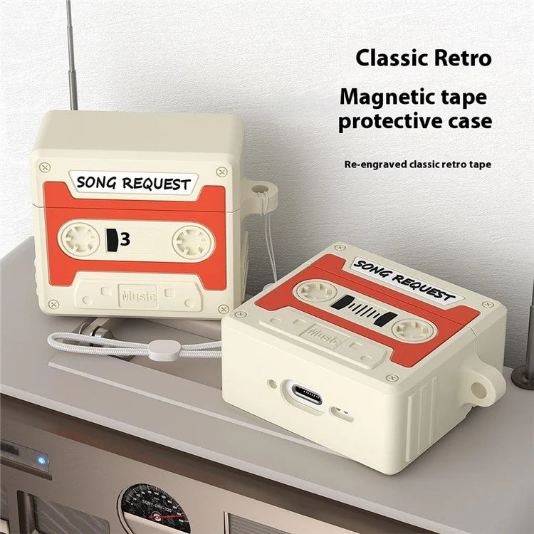 For AirPods 4 Case Cassette Tape Design Portable Liquid Silicone Earbuds Cover with Strap - Orange - Image 2