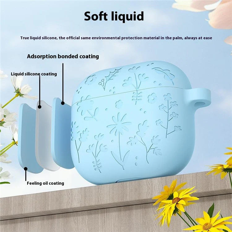 For AirPods 4 Case Floral Pattern Liquid Silicone Earphone Cover with Carabiner - Green - Image 5