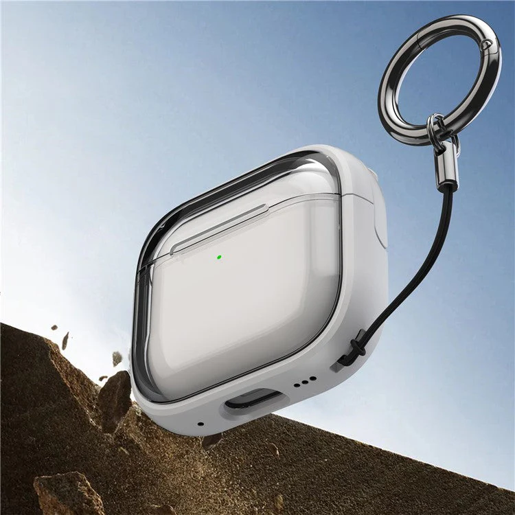 For AirPods 4 Case PC+TPU Bluetooth Earbud Cover Phone Stand with Carabiner - Transparent Black - Image 5