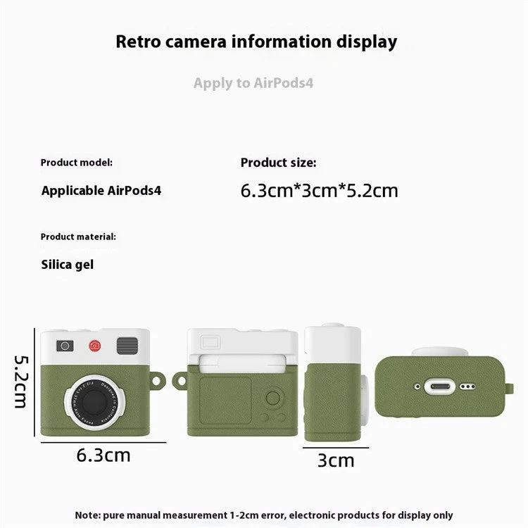 For AirPods 4 Case Retro Camera Design Liquid Silicone Earbuds Carrying Cover with Carabiner - Black - Image 7