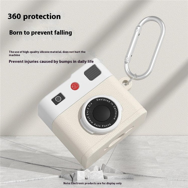 For AirPods 4 Case Retro Camera Design Liquid Silicone Earbuds Carrying Cover with Carabiner - Cream Beige - Image 3