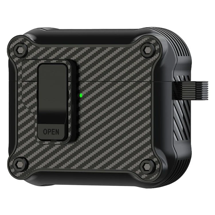 For AirPods 4 Case TPU+PC Carbon Fiber Texture Bluetooth Earbuds Cover with Carabiner - Black
