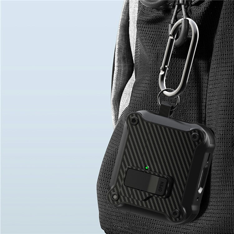 For AirPods 4 Case TPU+PC Carbon Fiber Texture Bluetooth Earbuds Cover with Carabiner - Purple - Image 5