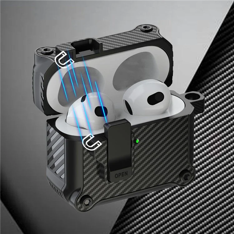 For AirPods 4 Case TPU+PC Carbon Fiber Texture Bluetooth Earbuds Cover with Carabiner - White - Image 4