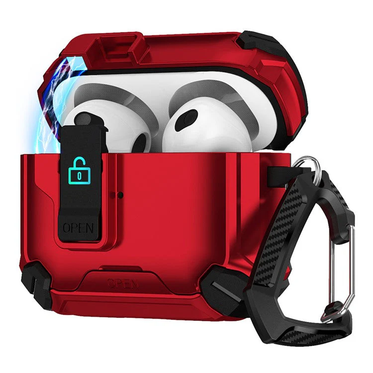 For AirPods 4 Case TPU+PC Compatible with MagSafe Stand Bluetooth Earbuds Cover with Carabiner - Red / Black