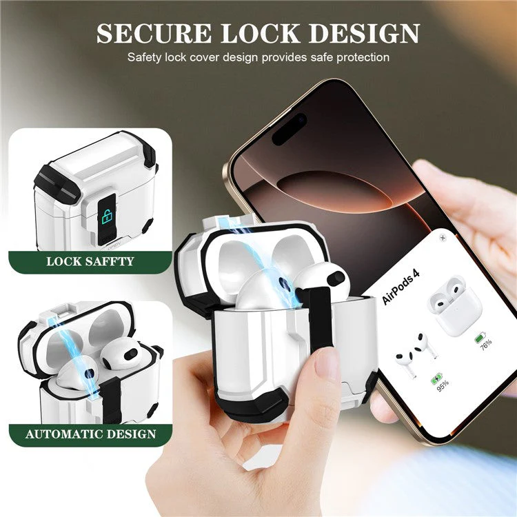 For AirPods 4 Case TPU+PC Compatible with MagSafe Stand Bluetooth Earbuds Cover with Carabiner - White - Image 5