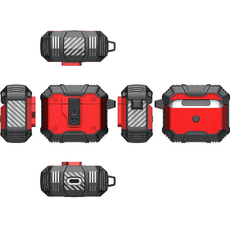 For AirPods 4 Charging Case Cover Button Lock TPU+PC Bluetooth Earbuds Protector with Metal Buckle - Red - Image 8