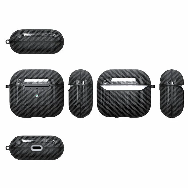 For AirPods 4 Charging Case Cover Carbon Fiber Texture Bluetooth Earbuds Shockproof TPU Case with Buckle - Navy Blue - Image 2