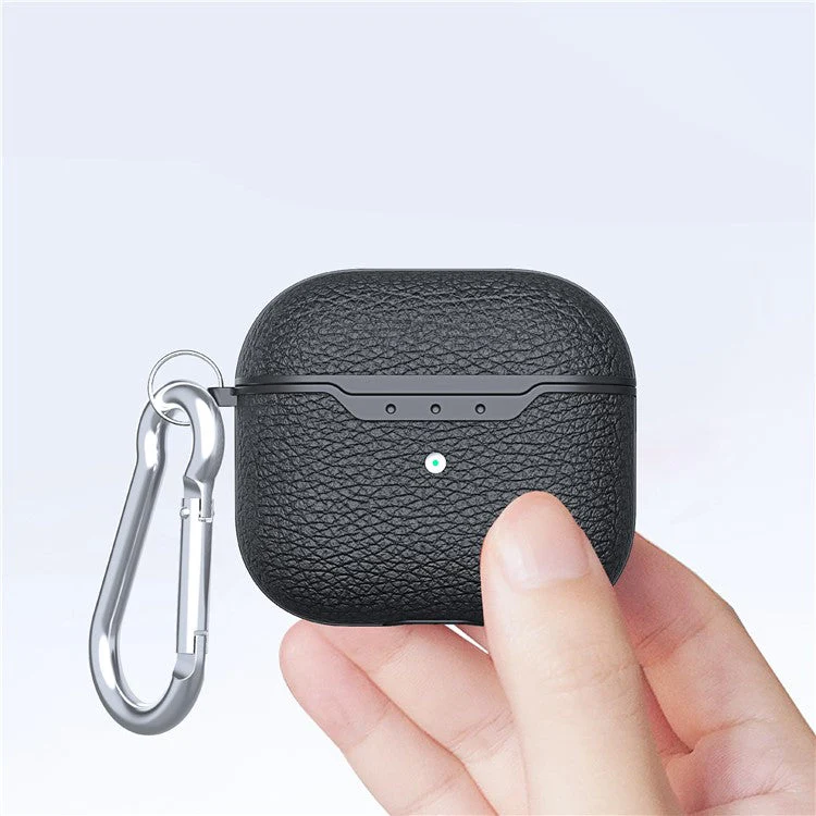 For AirPods 4 Charging Case Cover Litchi Texture Bluetooth Earbuds Shockproof TPU Case with Buckle - Black - Image 6