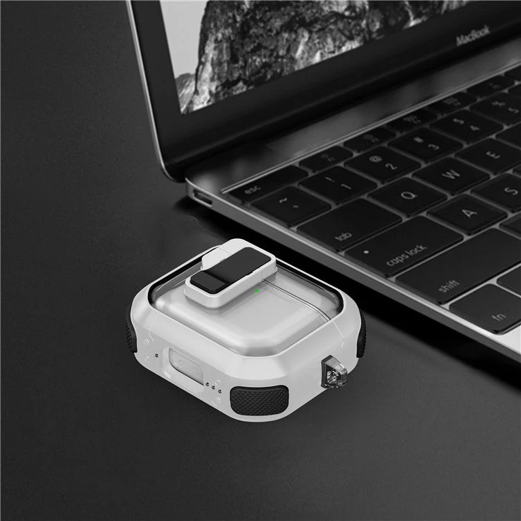 For AirPods 4 Clear Earphone Case Button Lock TPU+PC Rugged Cover with Carabiner - Dark Purple - Image 3