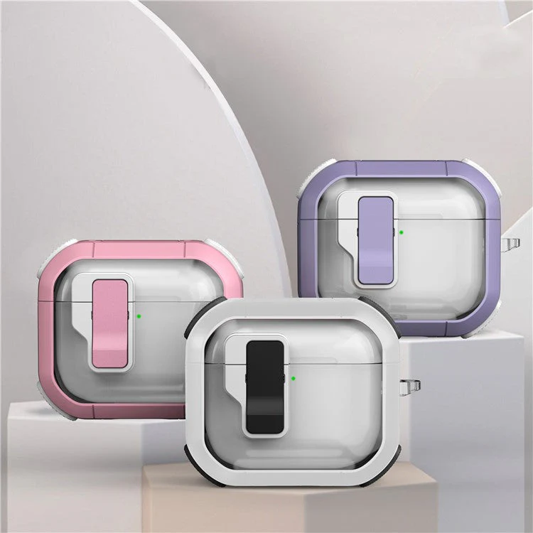 For AirPods 4 Clear Earphone Case Button Lock TPU+PC Rugged Cover with Carabiner - White - Image 5