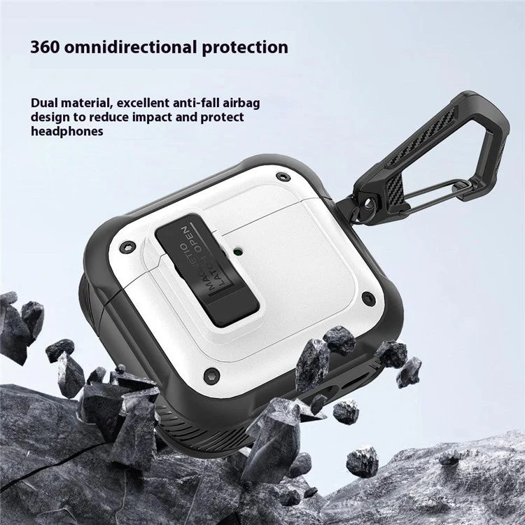 For AirPods 4 Earbuds Case PC+TPU Shockproof Full Body Protective Magnetic Cover with Carabiner - Ivory White - Image 2