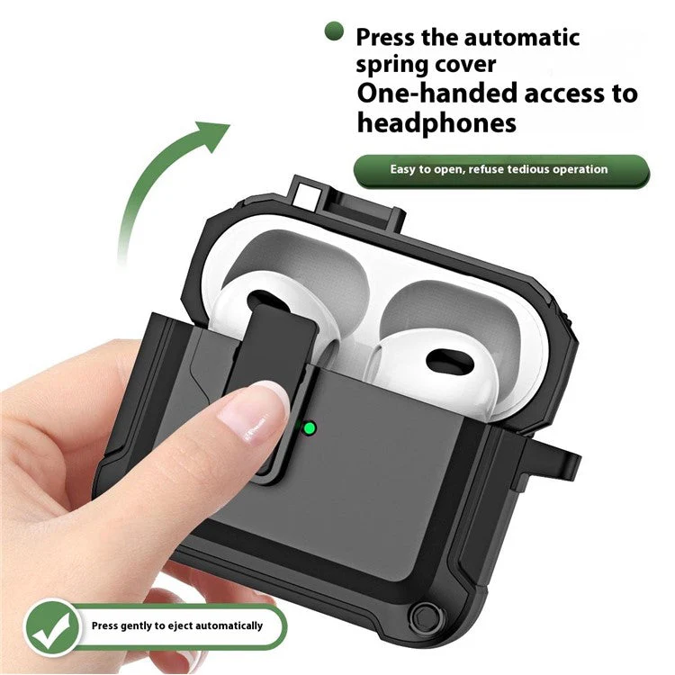 For AirPods 4 Earphone Case Automatic Eject TPU+PC Protective Cover with Carabiner - Black - Image 5