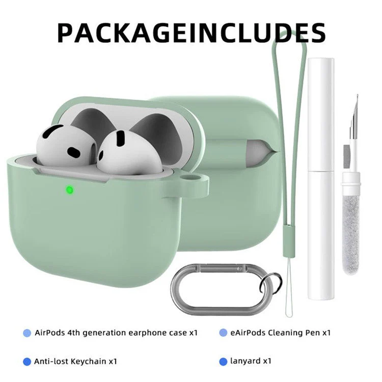 For AirPods 4 Earphone Silicone Case Set with Anti-Lost Keychain, Strap, Ear Tips, Cleaning Pen - Grey - Image 2