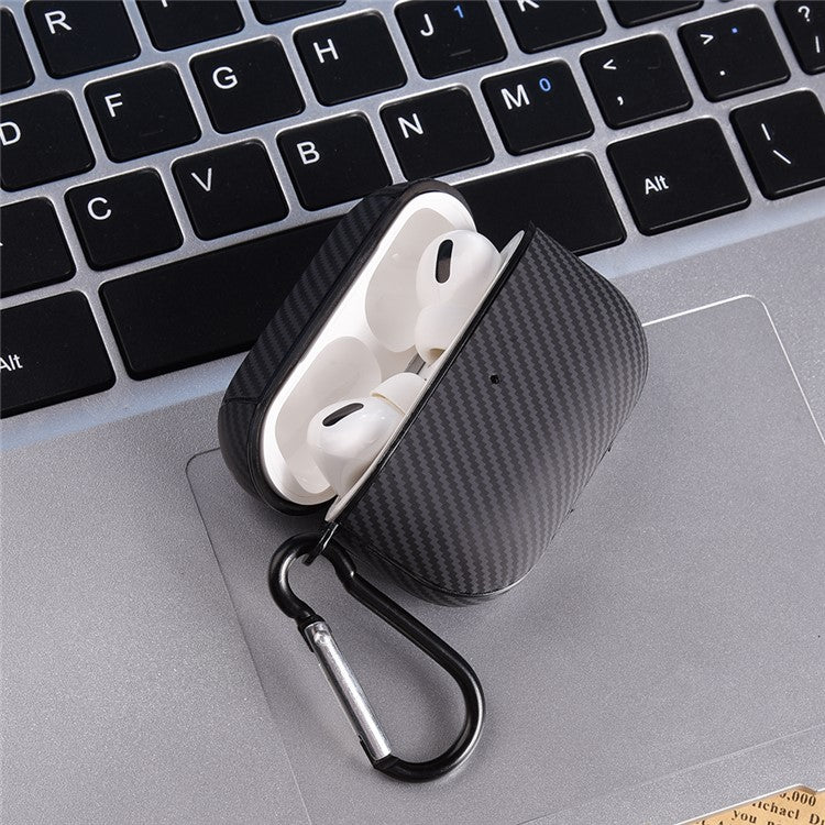 For AirPods 4 Protective Cover Carbon Fiber Texture Earbuds PU Leather PC Hard Case with Hook - Blue - Image 5