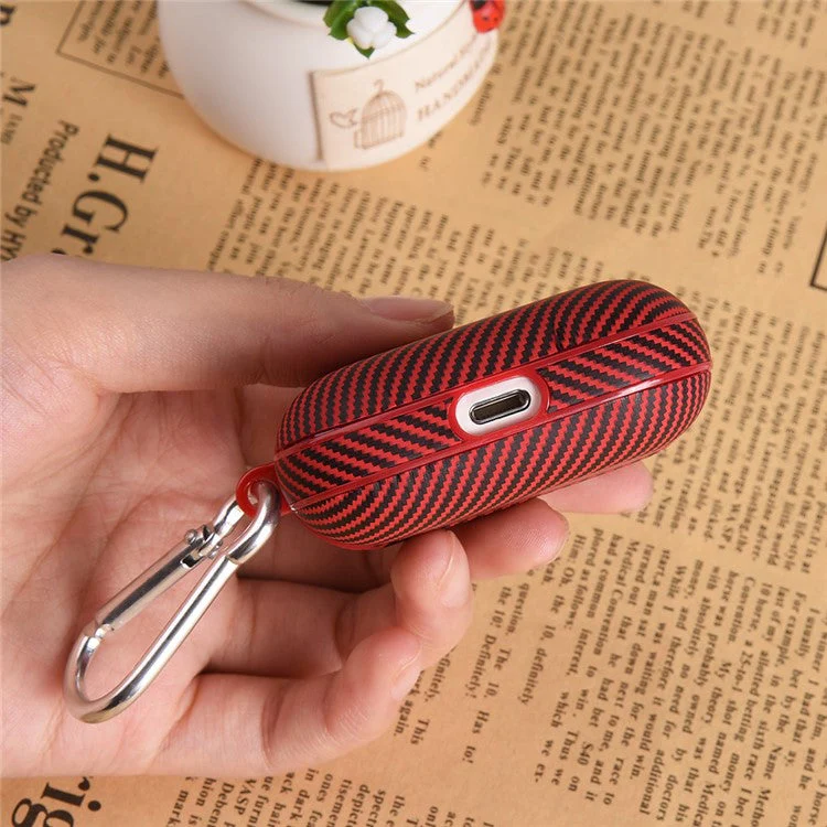 For AirPods 4 Protective Cover Carbon Fiber Texture Earbuds PU Leather PC Hard Case with Hook - Blue - Image 7