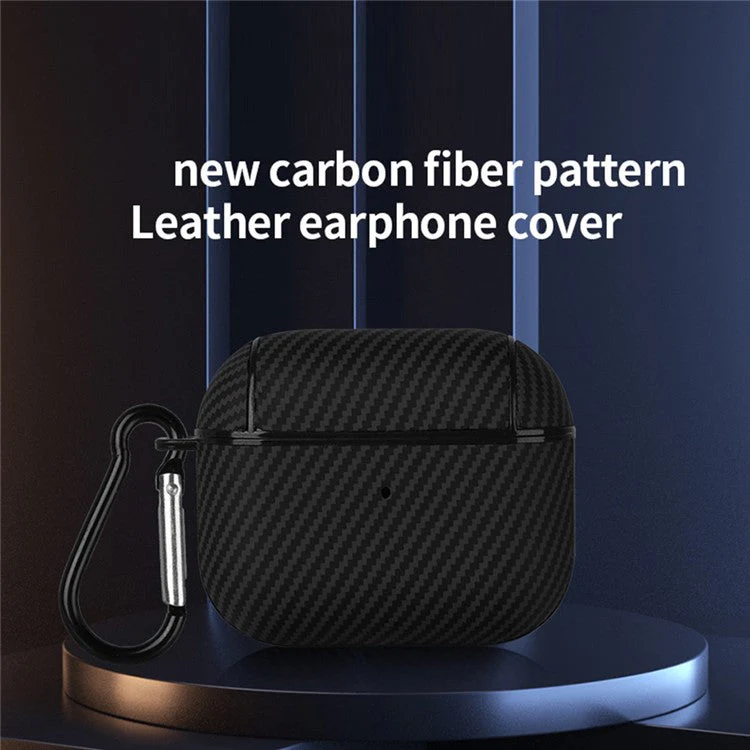 For AirPods 4 Protective Cover Carbon Fiber Texture Earbuds PU Leather PC Hard Case with Hook - Brown - Image 2