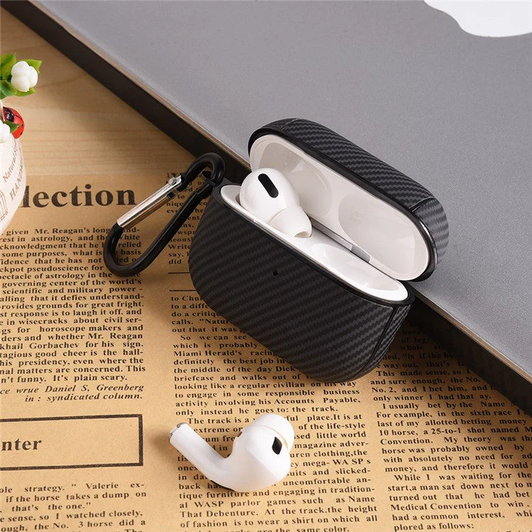 For AirPods 4 Protective Cover Carbon Fiber Texture Earbuds PU Leather PC Hard Case with Hook - Red - Image 4
