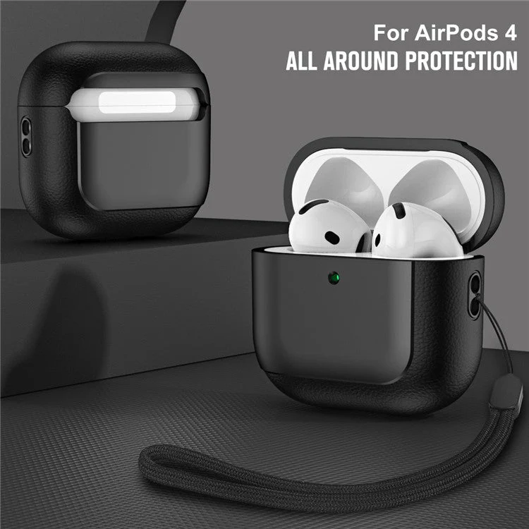 For AirPods 4 TPU Case Electroplating Litchi Texture Fall Prevention Earphone Cover with Lanyard - Black - Image 2