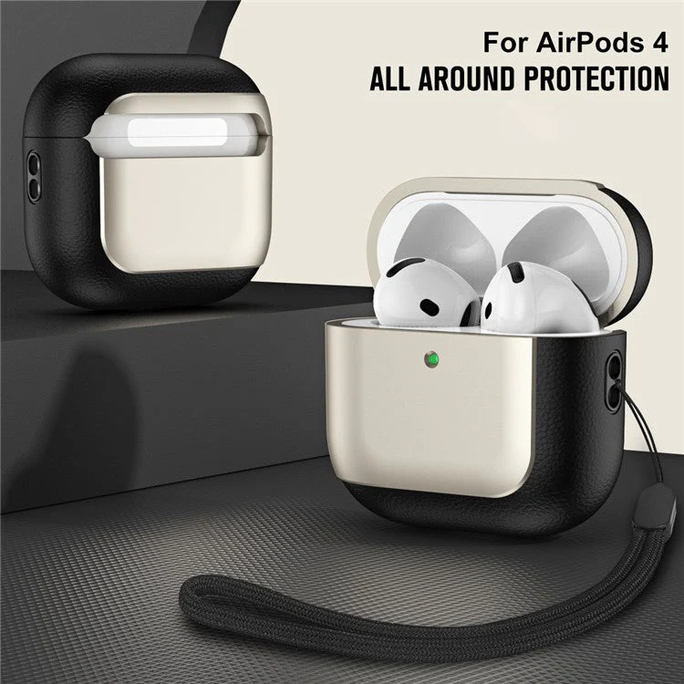 For AirPods 4 TPU Case Electroplating Litchi Texture Fall Prevention Earphone Cover with Lanyard - Titanium Grey - Image 2