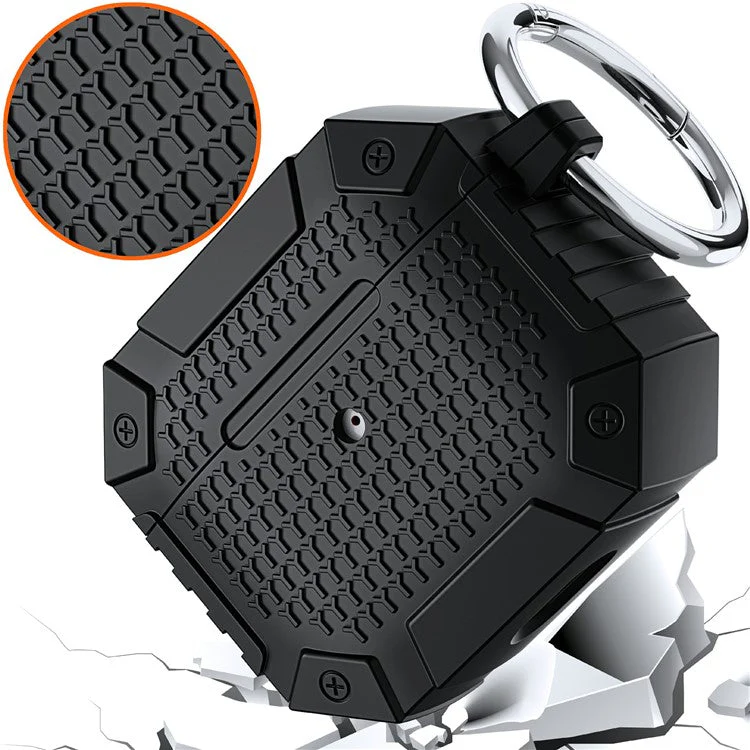For AirPods 4 TPU Shockproof Reinforced Earbud Case Heavy Duty Military Protective Cover with Carabiner - Black - Image 2
