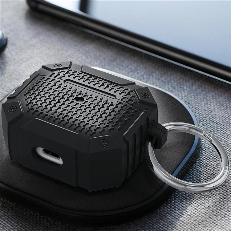 For AirPods 4 TPU Shockproof Reinforced Earbud Case Heavy Duty Military Protective Cover with Carabiner - Black - Image 3