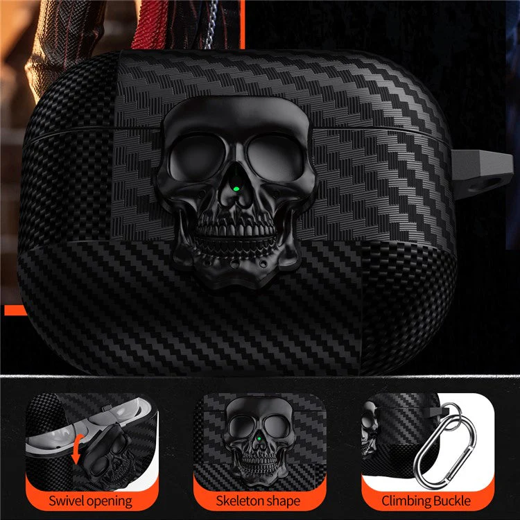 For AirPods 4 with ANC Protective Case Skull Design Snap Switch TPU + Metal Earphone Cover with Carabiner - Bronze - Image 3