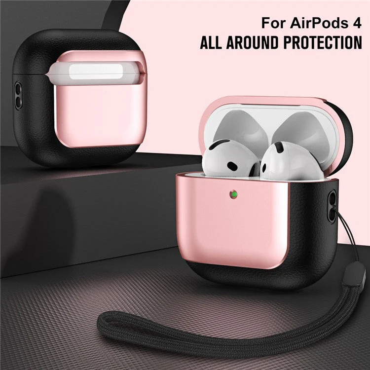 For AirPods 4 with ANC TPU Case Electroplating Litchi Texture Fall Prevention Earphone Cover with Lanyard - Rose Gold - Image 2