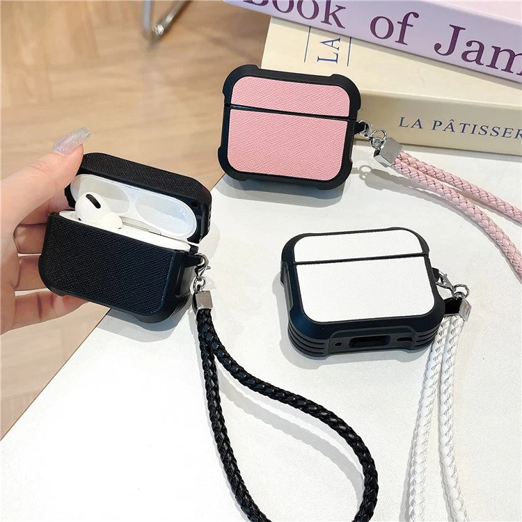 For AirPods Pro 2 / AirPods Pro Bluetooth Earphone Cover Leather Texture TPU Anti-Drop Case with Wrist Strap - Pink - Image 5