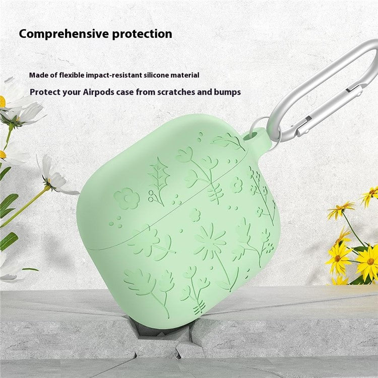 For AirPods Pro 2 / AirPods Pro Case Floral Pattern Liquid Silicone Earphone Cover with Carabiner - Baby Blue - Image 2