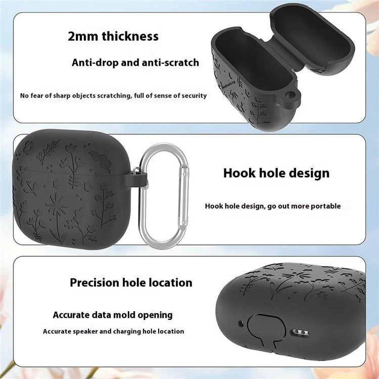 For AirPods Pro 2 / AirPods Pro Case Floral Pattern Liquid Silicone Earphone Cover with Carabiner - Dark Grey - Image 7