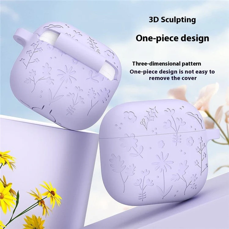 For AirPods Pro 2 / AirPods Pro Case Floral Pattern Liquid Silicone Earphone Cover with Carabiner - Light Pink - Image 5