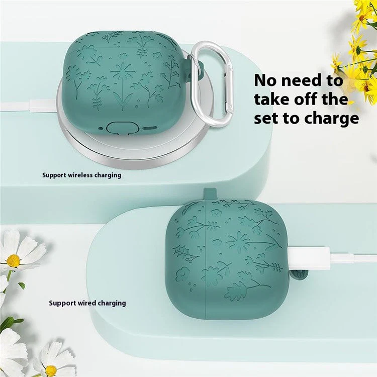 For AirPods Pro 2 / AirPods Pro Case Floral Pattern Liquid Silicone Earphone Cover with Carabiner - Matcha Green - Image 3