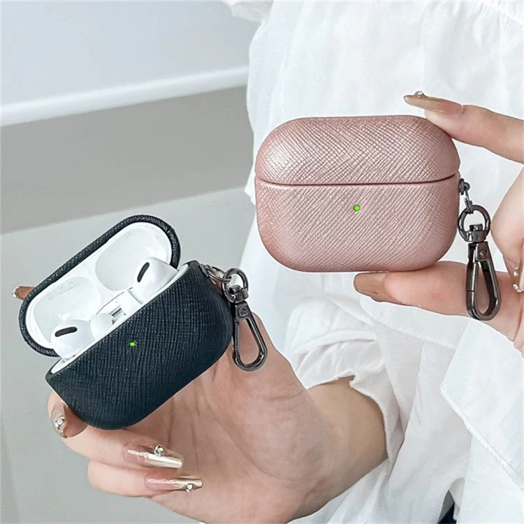 For AirPods Pro 2 Bluetooth Earphone Cover Cross Texture PU Leather Anti-drop Case - Black - Image 2