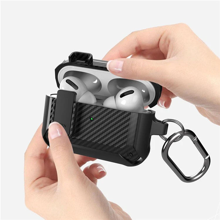 For AirPods Pro 2 Carbon Fiber Texture Shockproof Case TPU+PC Protective Cover with Buckle - Green - Image 2