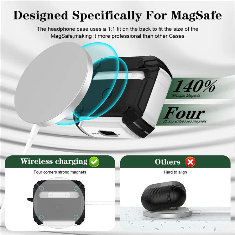 For AirPods Pro 2 Case TPU+PC Compatible with MagSafe Stand Bluetooth Earbuds Cover with Carabiner - Army Green  /  Black - Image 4