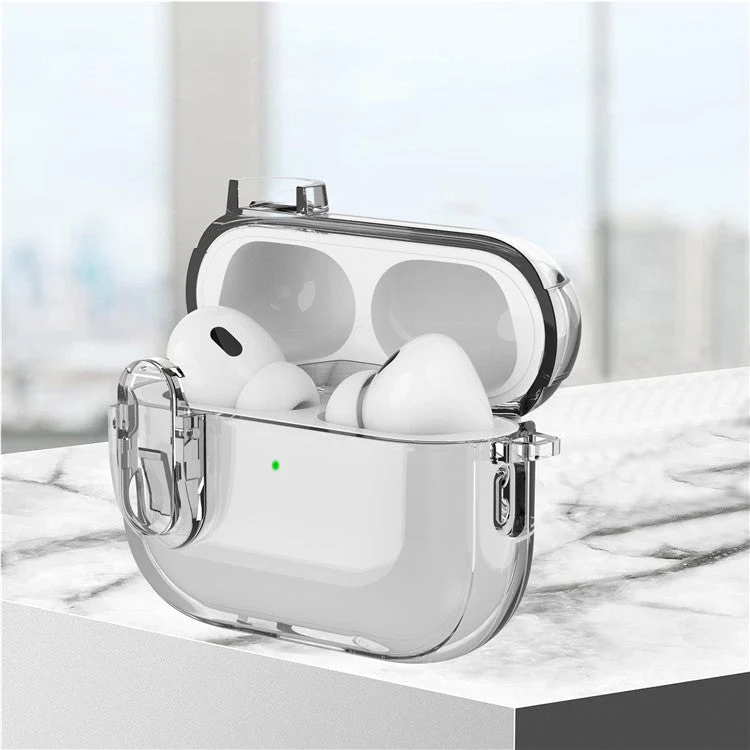 For AirPods Pro 2 Clear Earphone Case PC + TPU Bluetooth Earbud Cover with Hanging Buckle - Grey - Image 8